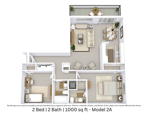 Floor plan for 2 beds, 2 baths, 1000 sqft